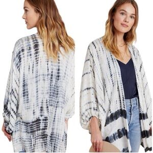 Anthropologie Tie-Dye Open Front Kimono Shawl - White & Blue with Gold